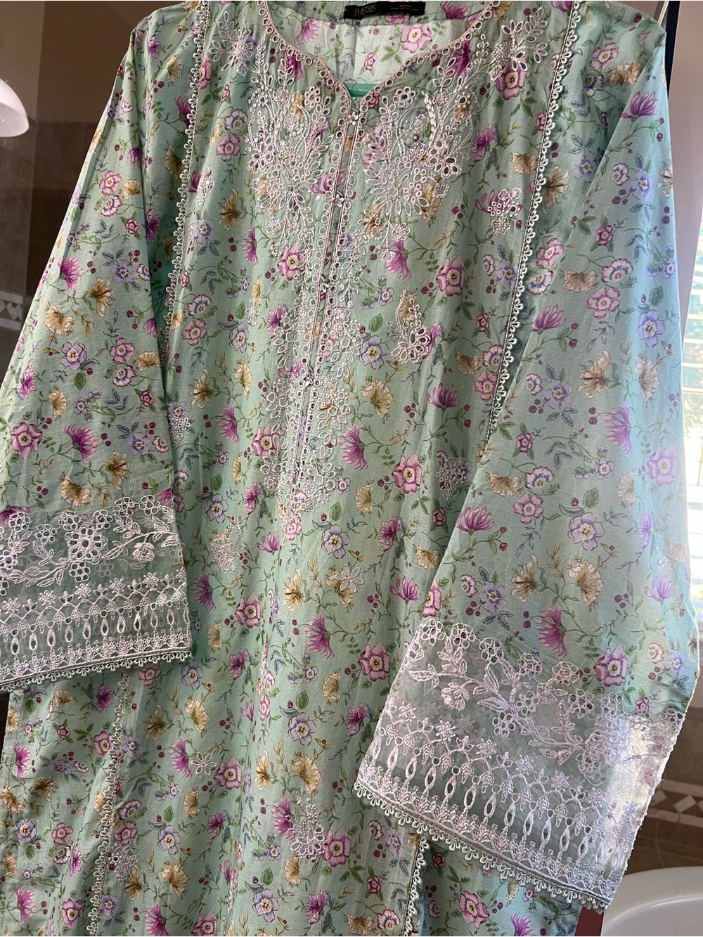 Light Green Floral Embroidered Kurta with Lace Trim Brand BATIK Pakistani Indian